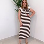 Vestido Rayas Hombreras Marrón